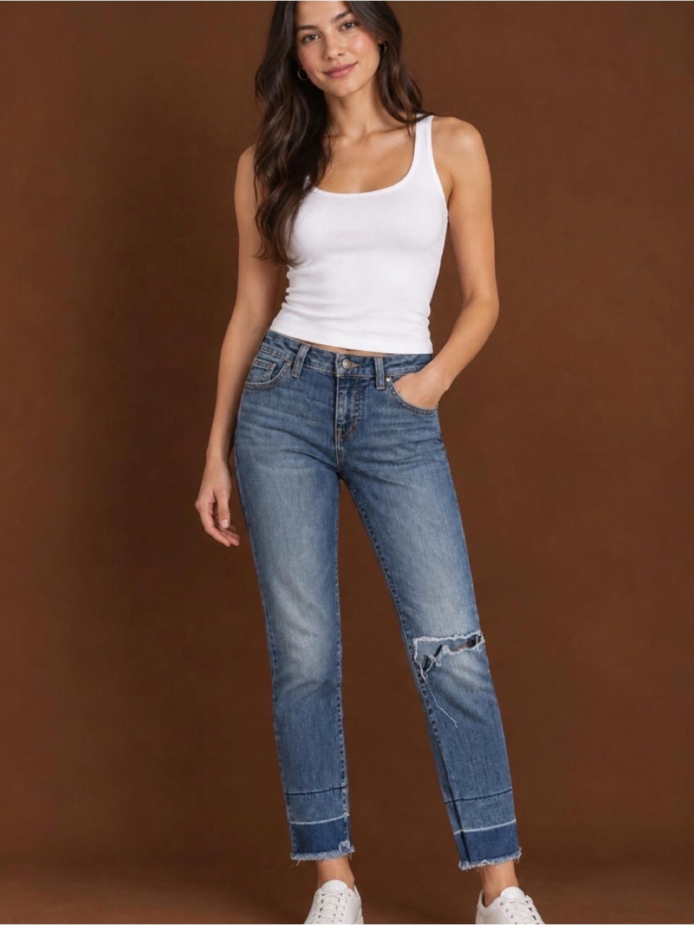 Lucky Brand Mid-Wash Cropped Straight Jeans with Knee Distress